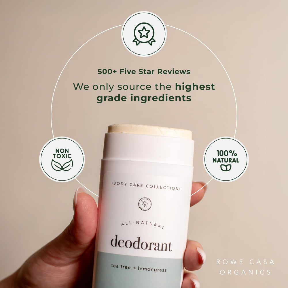 Rowe Casa Organics desodorante natural con árbol de té y citronela para limpieza suave.
