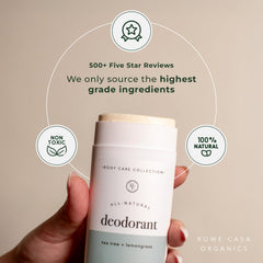 Rowe Casa Organics desodorante natural con árbol de té y citronela para limpieza suave.