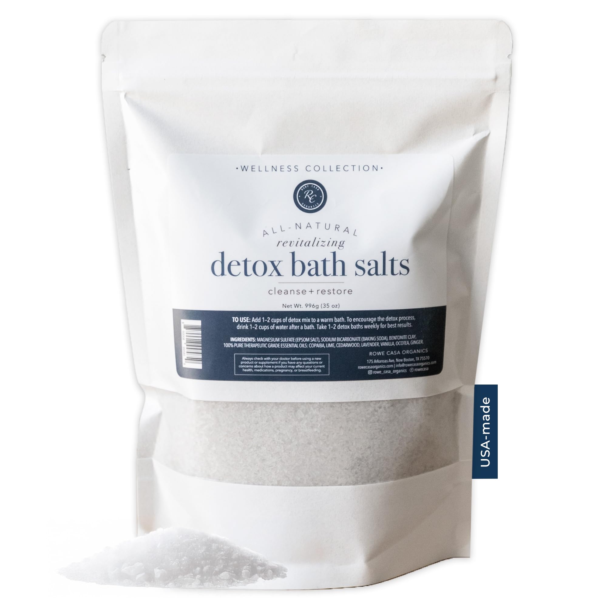 Rowe Casa Organics Sels de Bain Détox emballage prêt pour expérience spa à domicile.