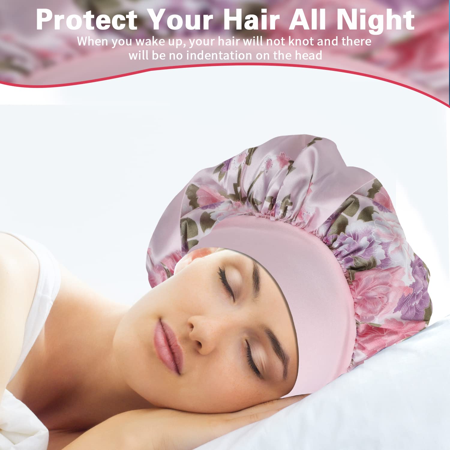 Roybens bonete satinado para dormir, vista del paquete de cuatro, protege el cabello.