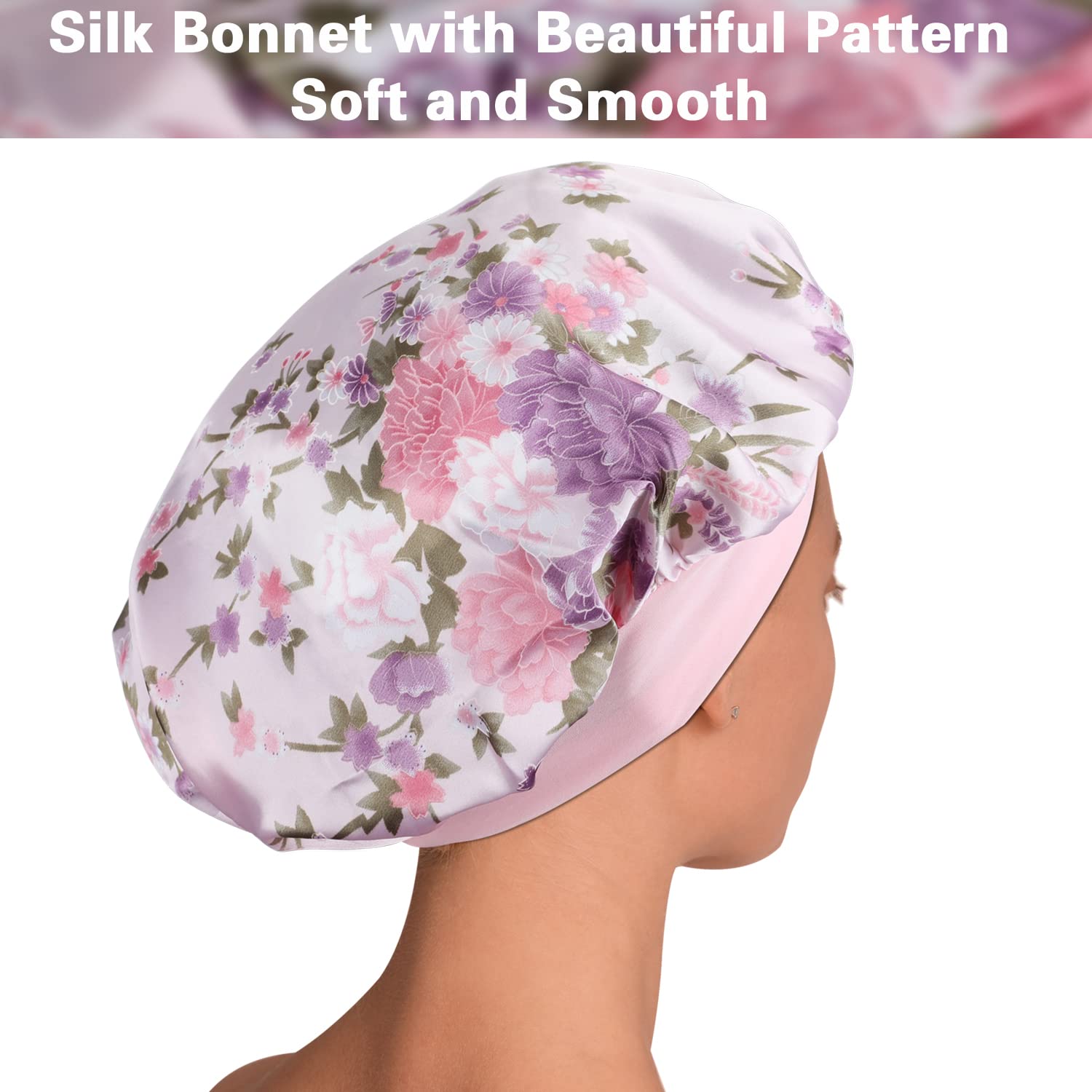 Roybens bonete satinado, textura suave, vista trasera, protege el cabello durante la noche.