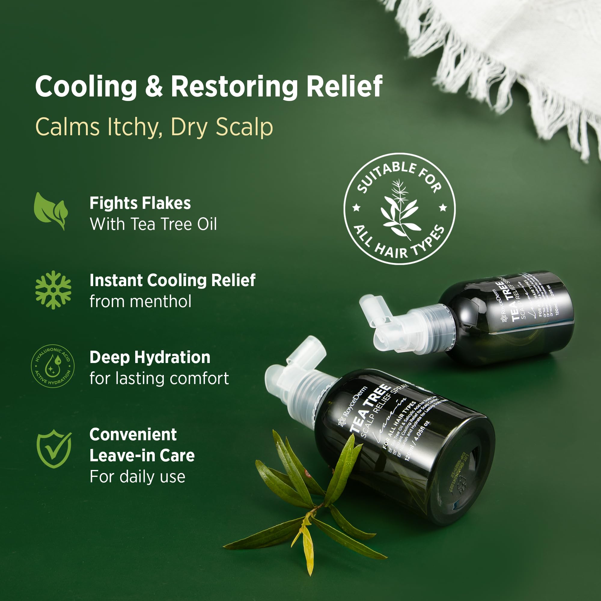 RoyceDerm espray árbol de té aplicación rápida: refresca y alivia molestias al instante