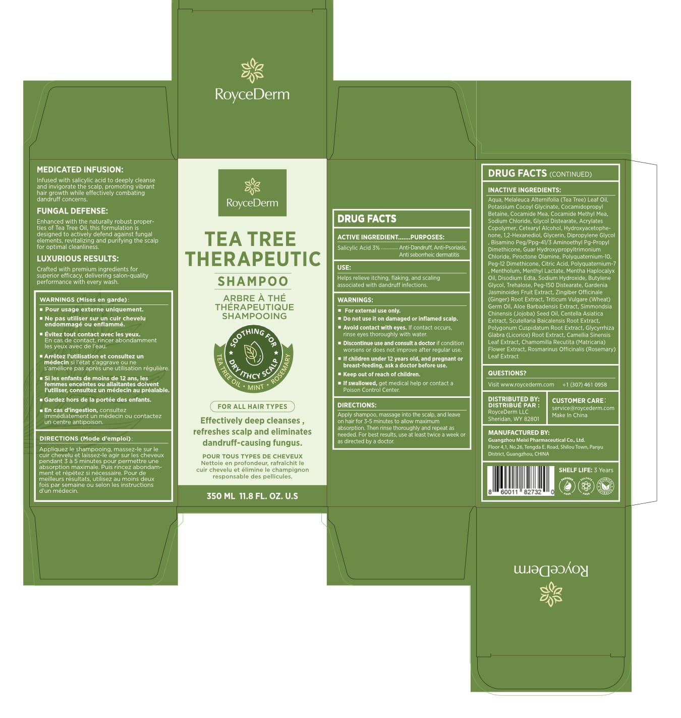 Roycederm Ingredientes: árbol de té y aceites naturales para un aroma relajante.