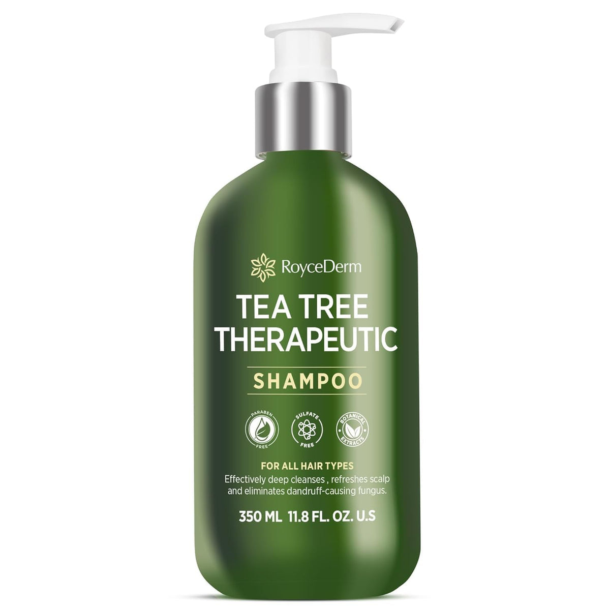 Roycederm shampoo antifúngico con árbol de té en botella para uso diario.