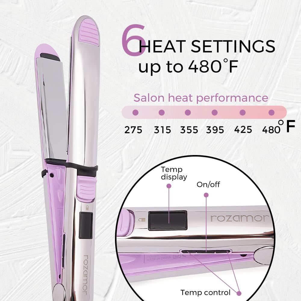 Rozamor plancha 2 en 1 titanio iónico con doble voltaje, ideal para viajes.