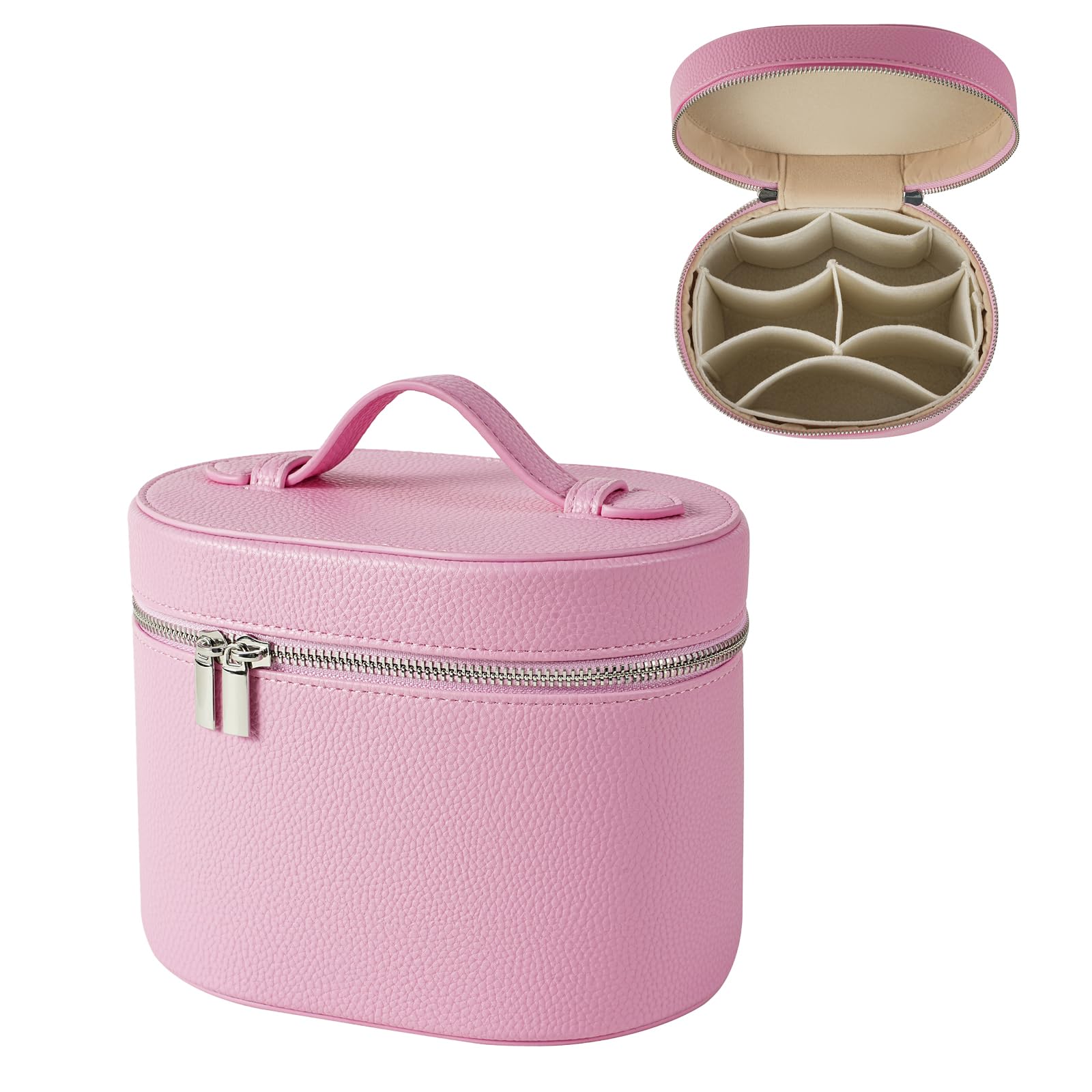 RSRSLEII maletín de maquillaje rosa visto de frente, ideal para viaje y organización diaria.