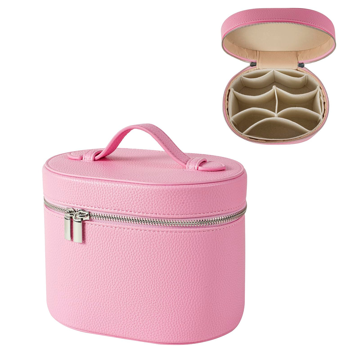 RSRSLEII maletín de maquillaje rosa visto de frente, ideal para viaje y organización diaria.