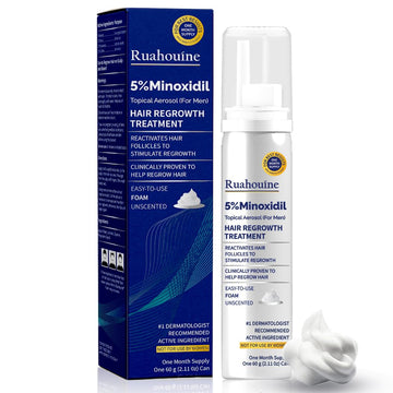 Ruahouine espuma Minoxidil 5% en botella para estimular crecimiento capilar.