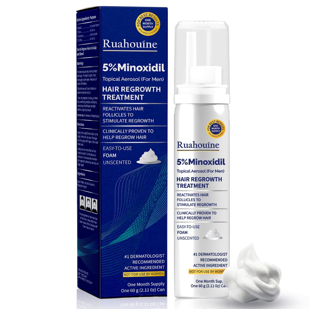 Ruahouine espuma Minoxidil 5% en botella para estimular crecimiento capilar.