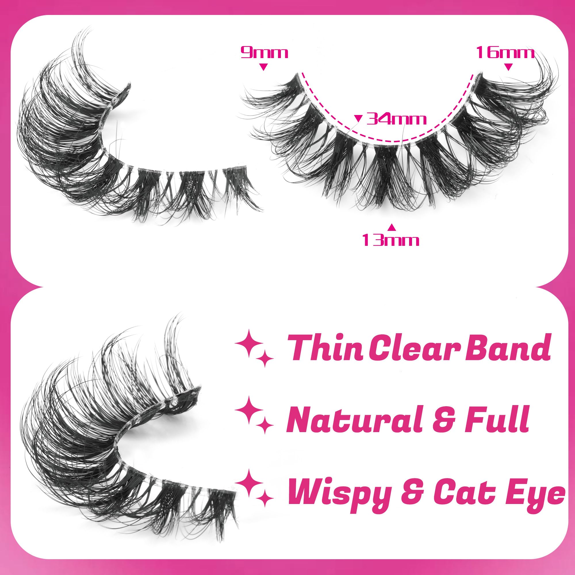 Ruairie Pestañas Falsas Mink Sintético 16 mm, 7 Pares – Aspecto Natural y Efecto Ojo de Gato
