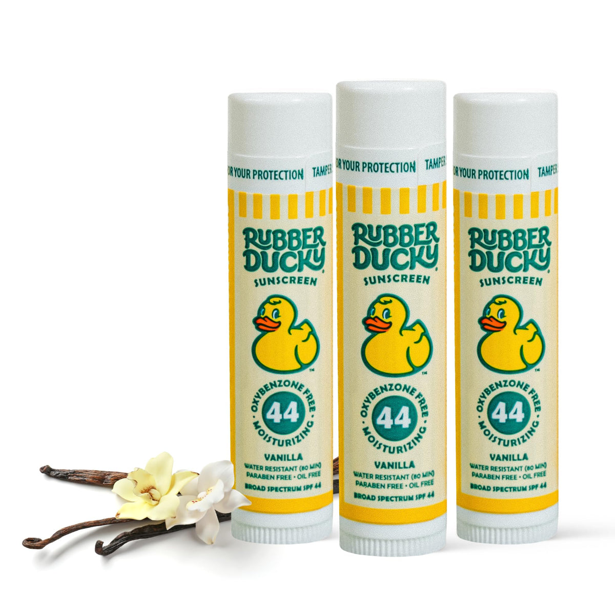Rubber Ducky SPF 44 lip balm tube front view for sun protection.