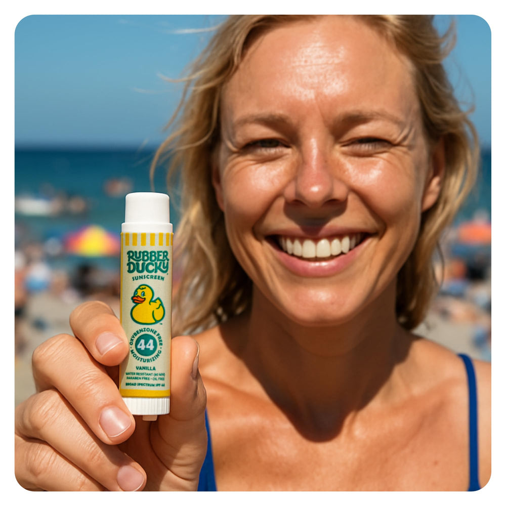 Vegan ingredients listed on Rubber Ducky lip balm packaging.