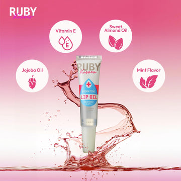 Ruby Kisses aceite labial hidratante en textura suave para uso diario.