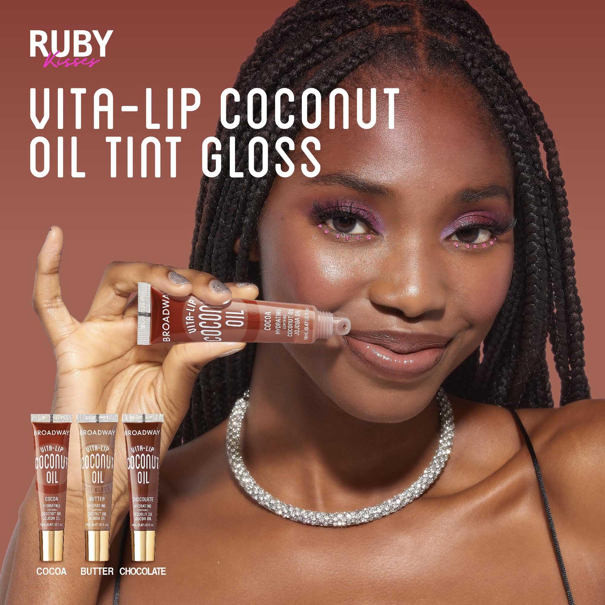 Ruby Kisses Broadway Vita-Lip textura gel ligera para sensación fresca y cómoda.