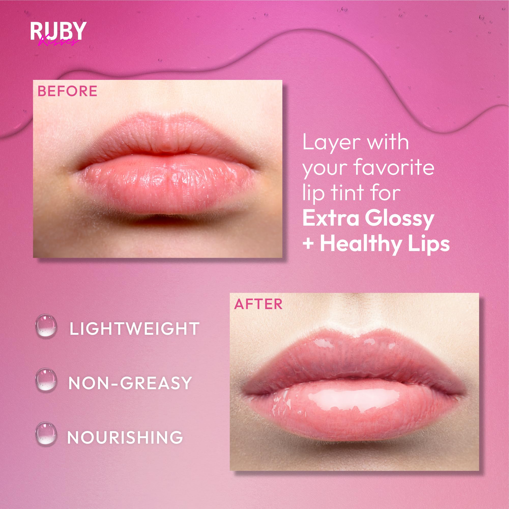 Ruby Kisses Aceite labial claro, textura ligera para uso diario