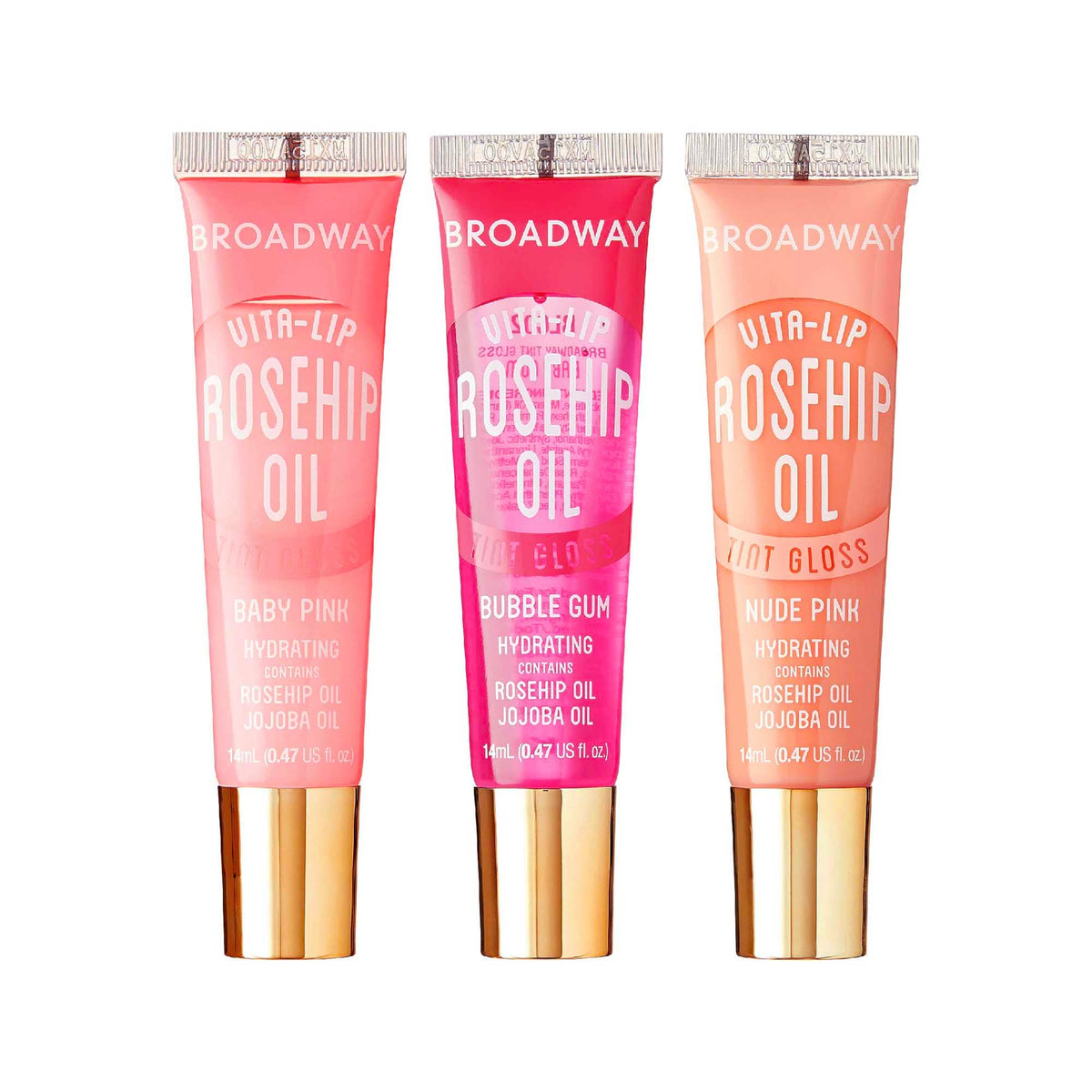 Labial Ruby Kisses Broadway Vita-Lip en tono rosa bebé, brillo duradero y hidratación ligera.