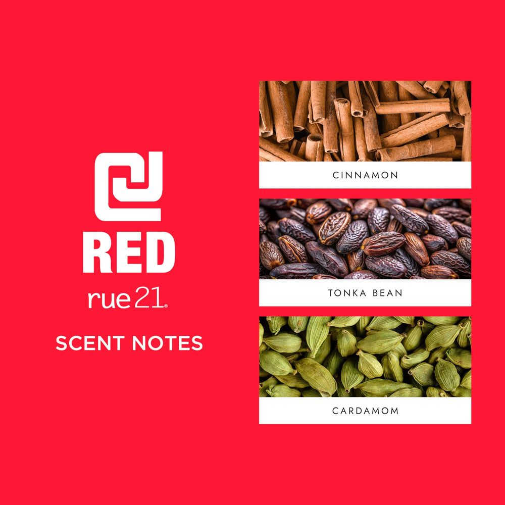 Notas de canela en Rue 21 CJ Red, aroma cálido y envolvente.
