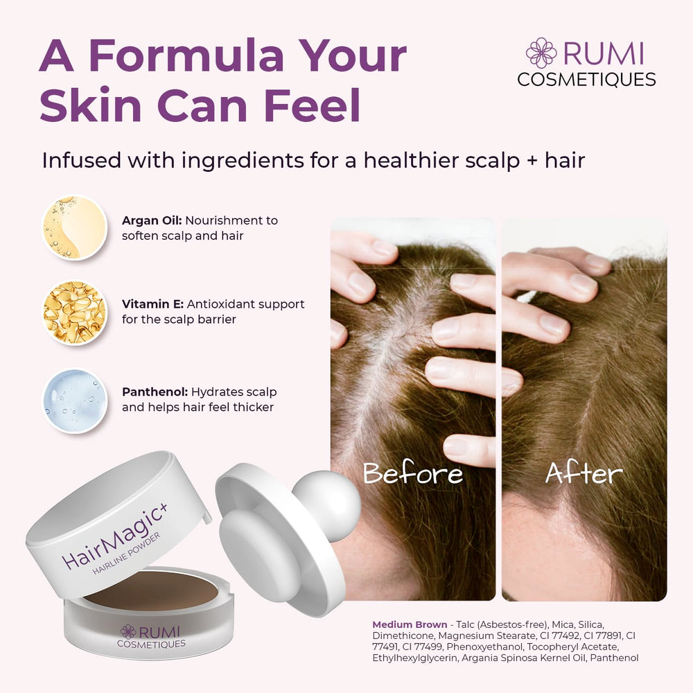 Rumi Cosmetiques HairMagic+ argan oil nourishes while concealing for a soft feel.
