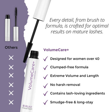 Rumi Cosmetiques VolumeCare+ brinda acabado libre de grumos en cada pasada.