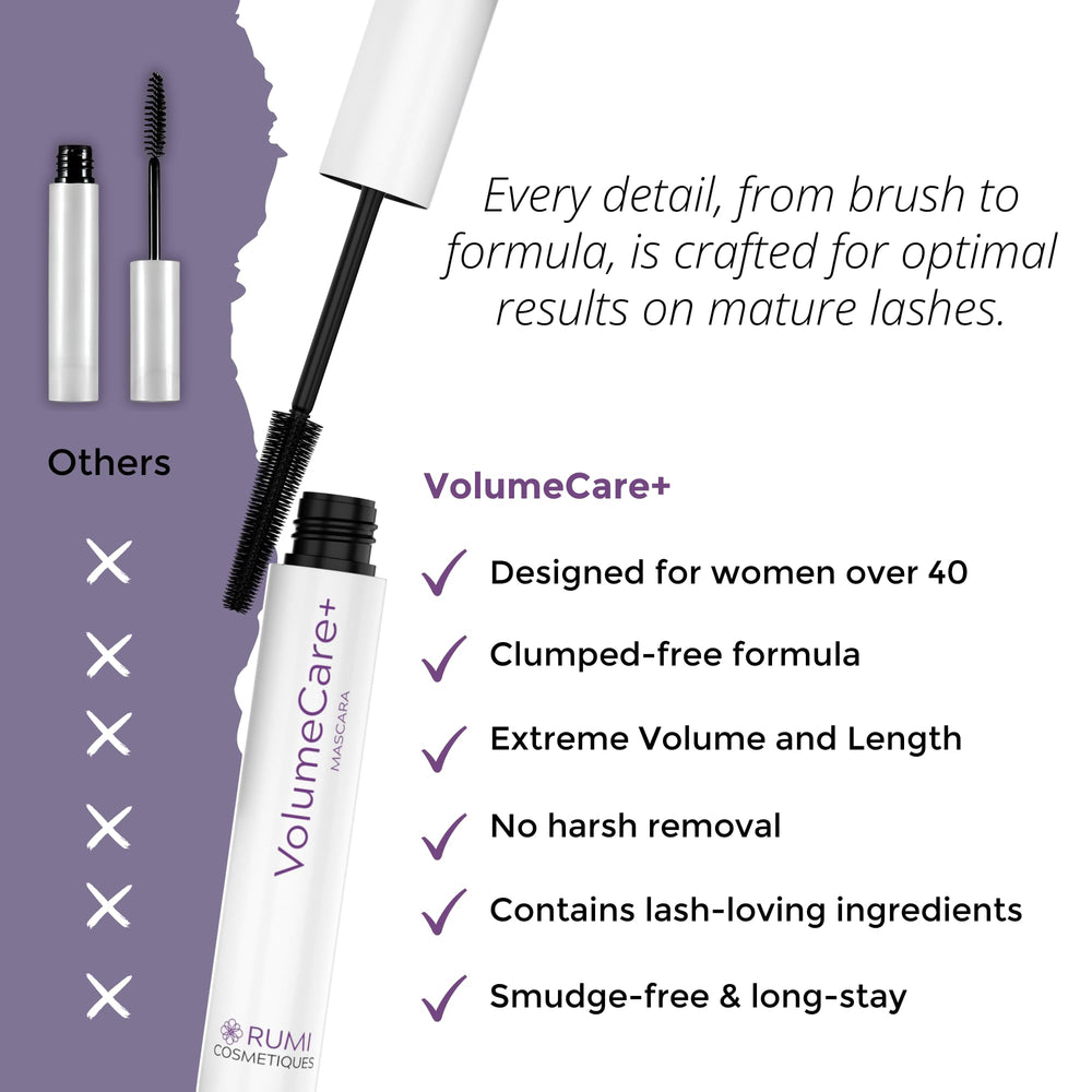 Rumi Cosmetiques VolumeCare+ brinda acabado libre de grumos en cada pasada.