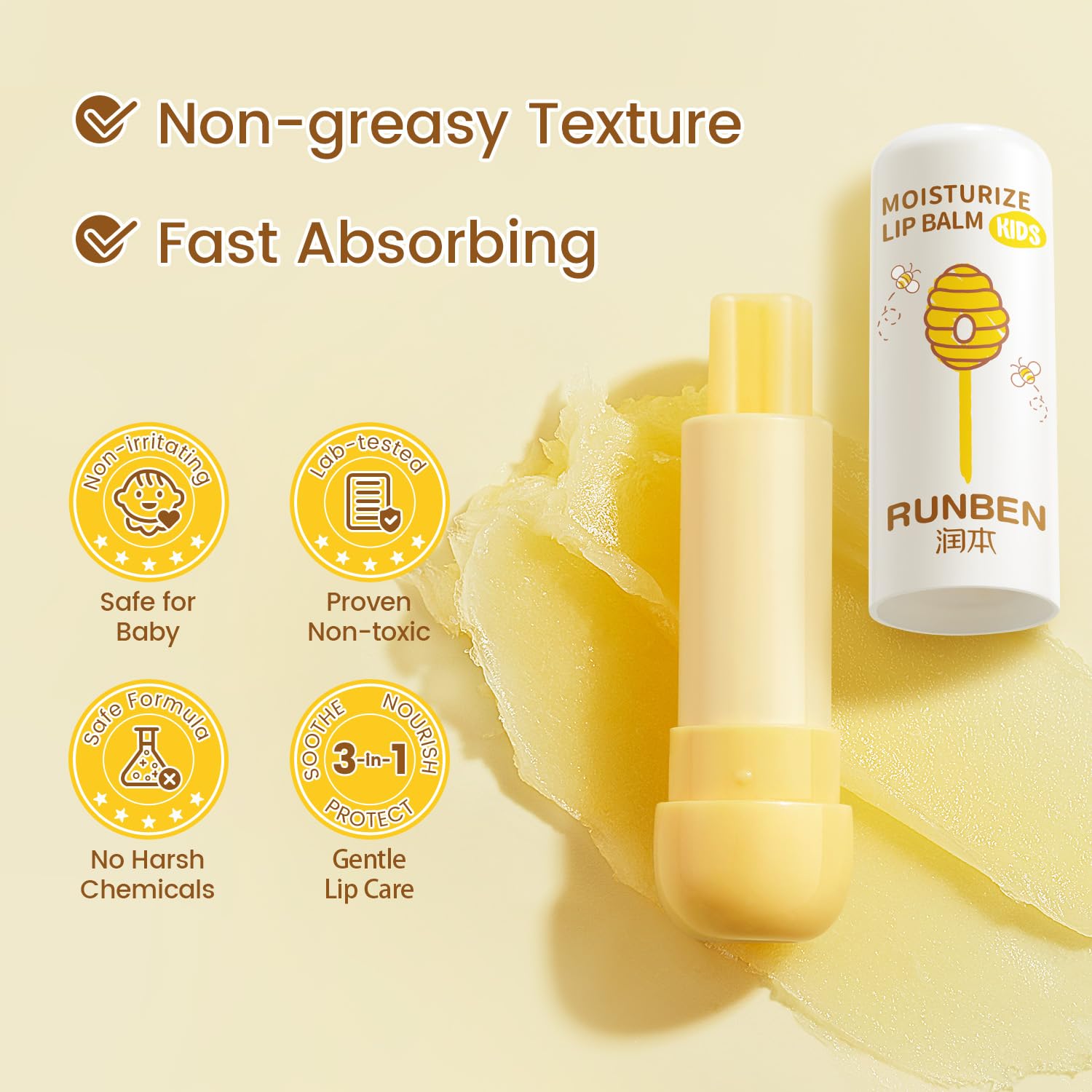 RUNBEN Kids Lip Balm placed by a diaper bag for on-the-go hydration