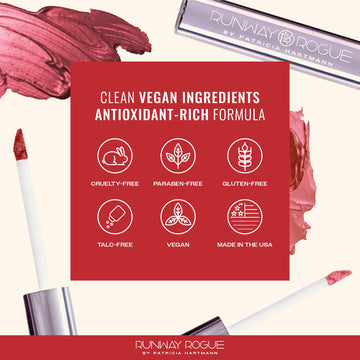 Runway Rogue labial vitamina E y aloe, hidratación duradera y acabado suave.