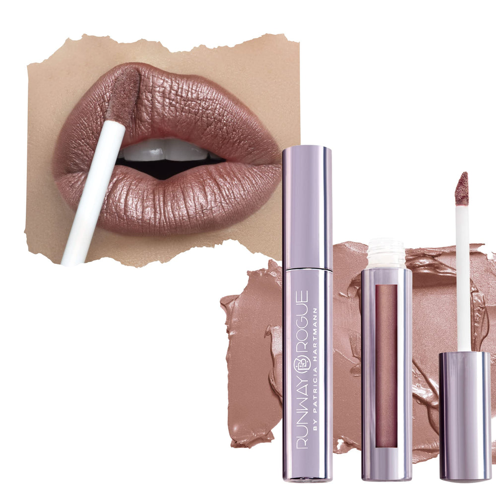 Runway Rogue Pearl Glam labial perlado rosado nude, acabado suave y duradero para todo el día.