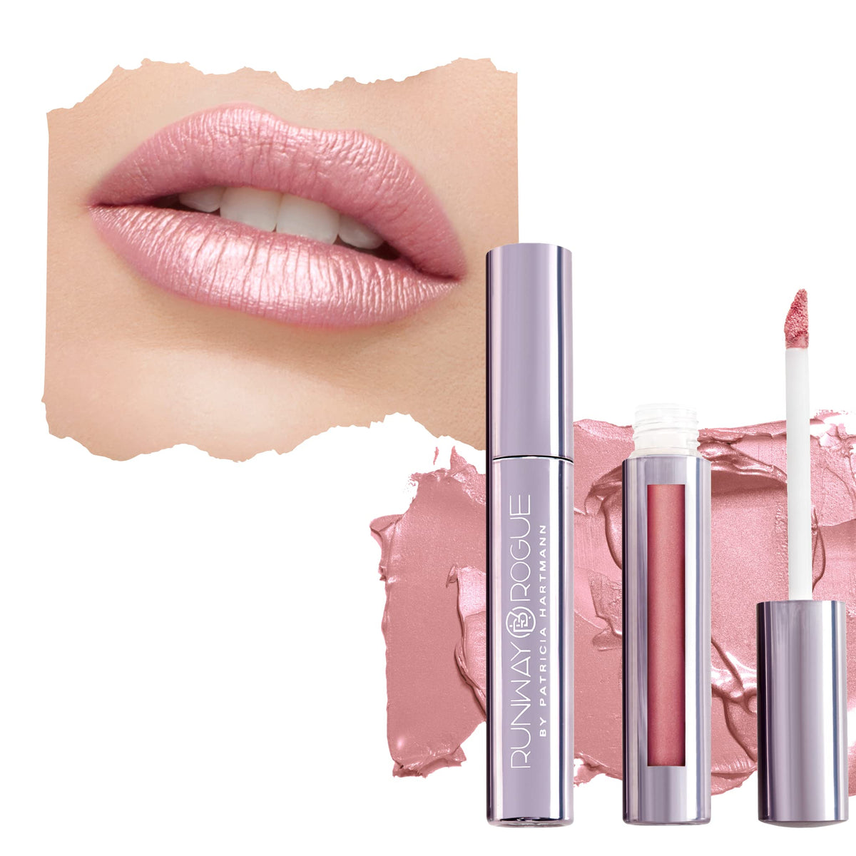 Runway Rogue Silk Glam Trophy Wife, bouteille élégante, teinte rose pâle, longue tenue toute la journée.