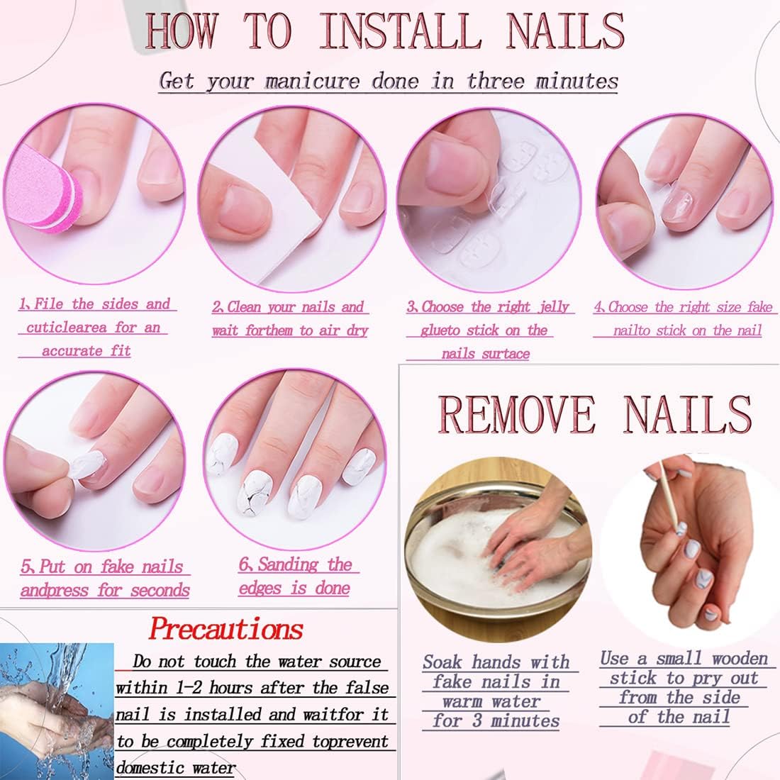 RUOKEXIN caja de 24 uñas, 12 tallas para manicura casera.