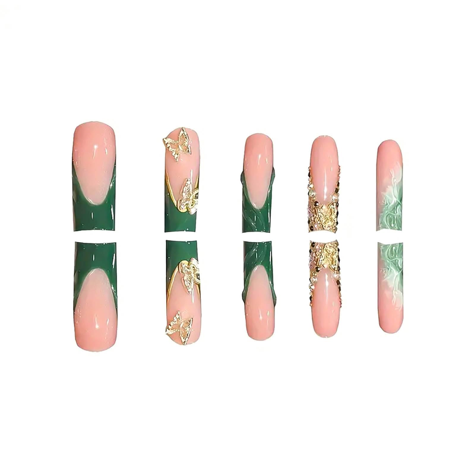 RUOKEXIN uñas Frances verde con brillos dorados para eventos.