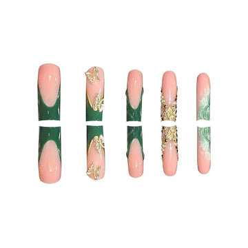 RUOKEXIN uñas Frances verde con brillos dorados para eventos.