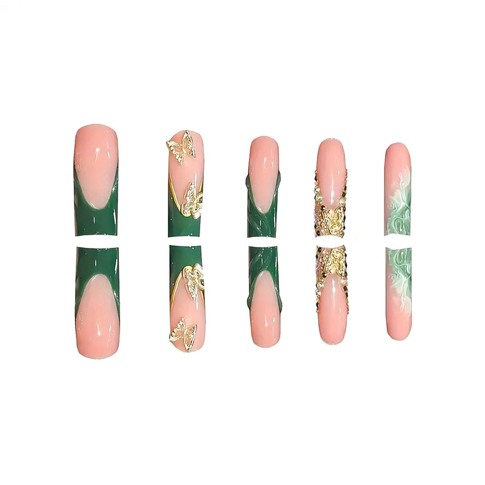 RUOKEXIN uñas Frances verde con brillos dorados para eventos.