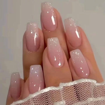 RUPOFUZA Uñas en forma ataúd ombre rosa con brillo para estilos elegantes.