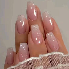 RUPOFUZA Uñas en forma ataúd ombre rosa con brillo para estilos elegantes.