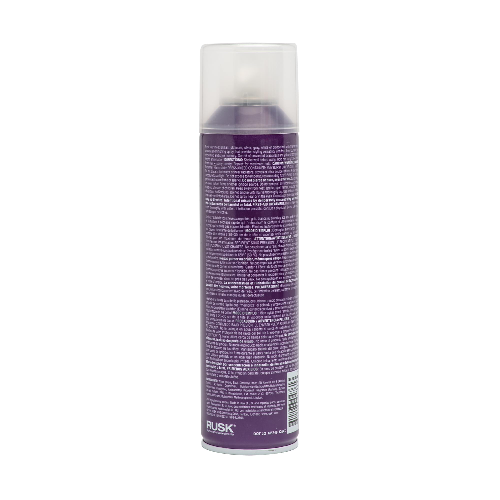 RUSK Deepshine PlatinumX hairspray: acabado brillante y resistencia a la humedad para todo el día.
