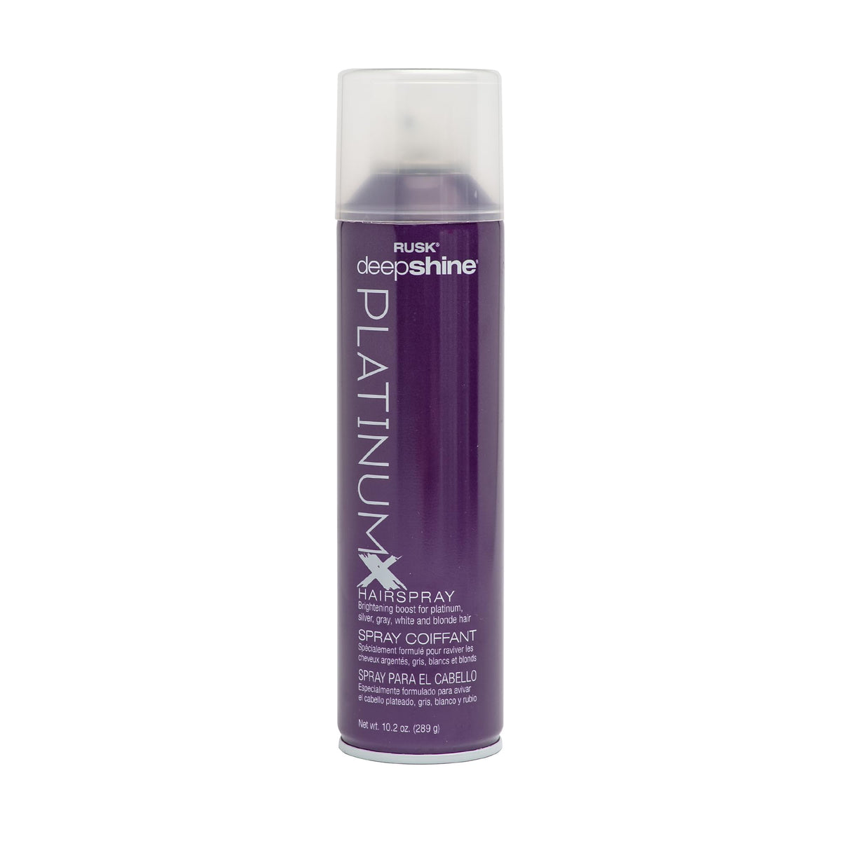 RUSK Deepshine PlatinumX hairspray: secado rápido para brillo duradero y fijación.