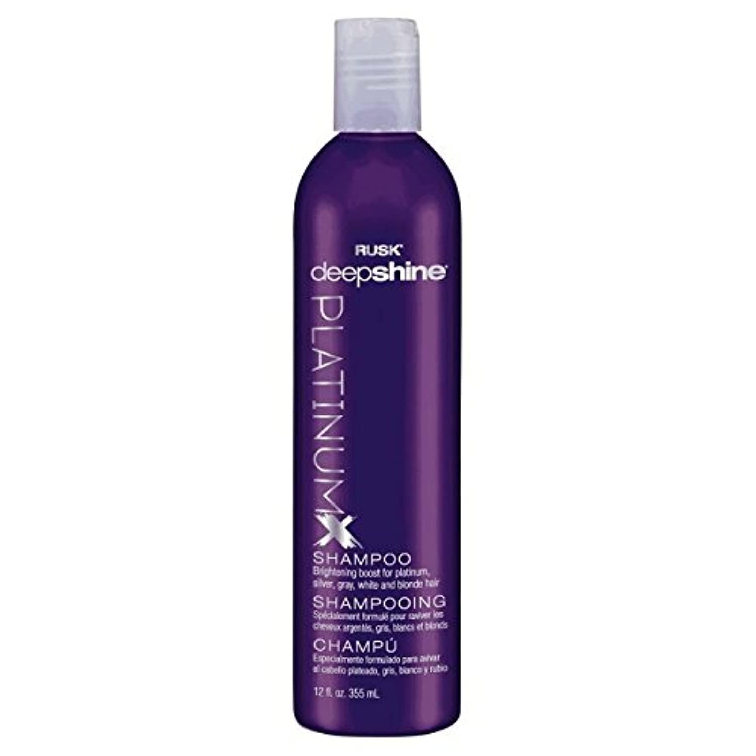 RUSK PlatinumX champú botella, envase elegante para brillo y cuidado del cabello rubio