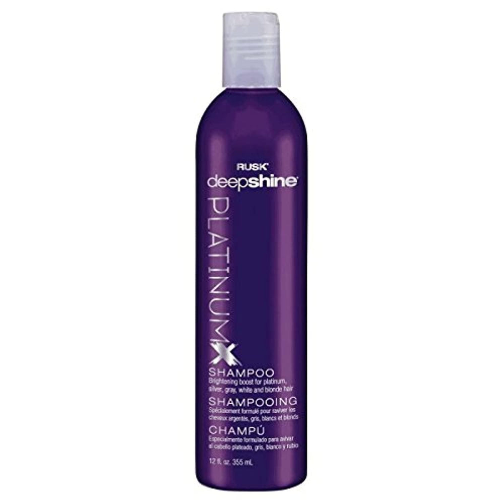 RUSK PlatinumX champú botella, envase elegante para brillo y cuidado del cabello rubio