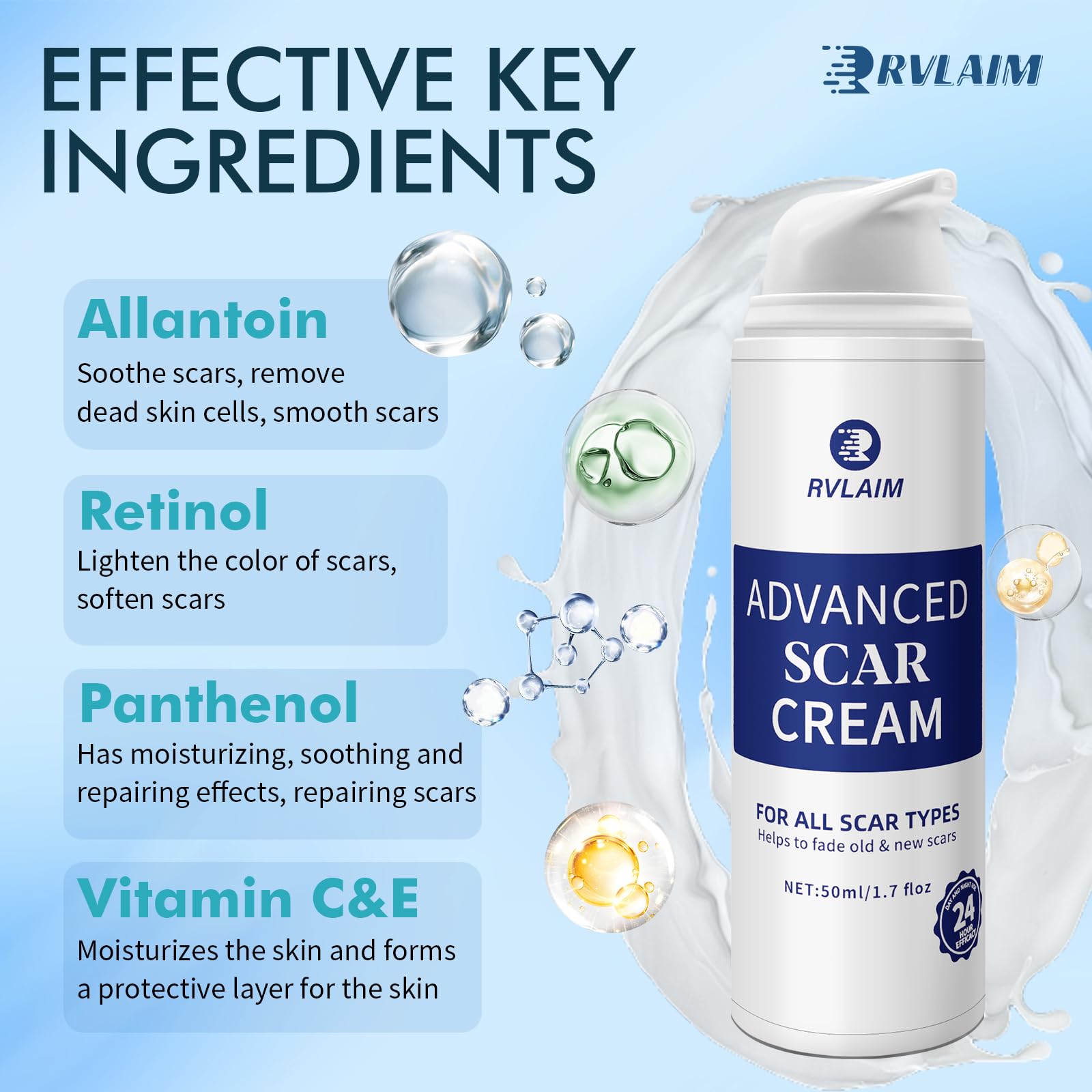 Aplicación de crema Rvlaim para cicatrices, uso diario para textura más suave.