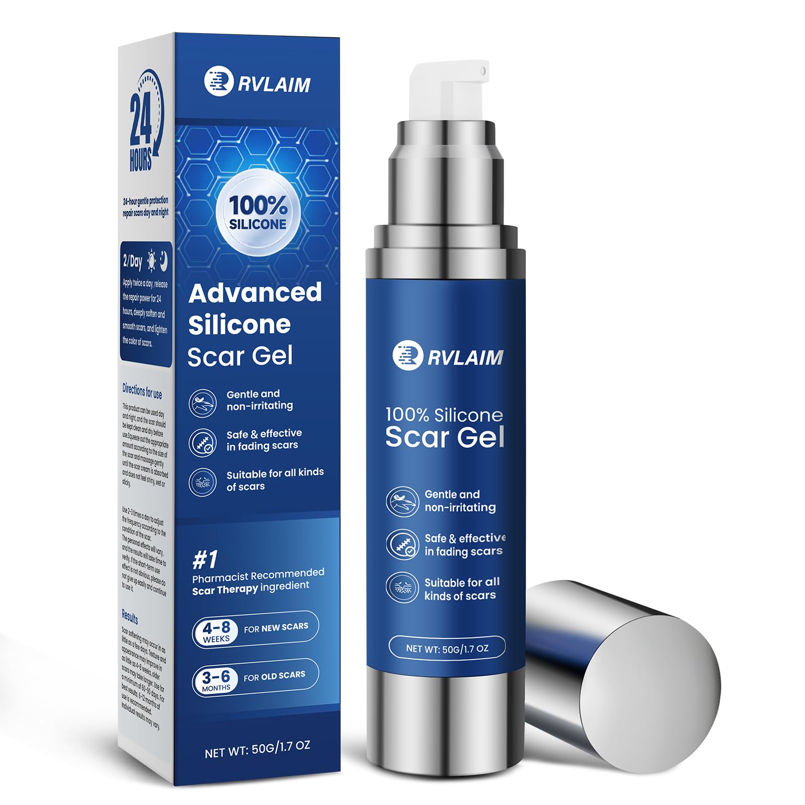 Rvlaim gel cicatriz: envase y aplicación suave.