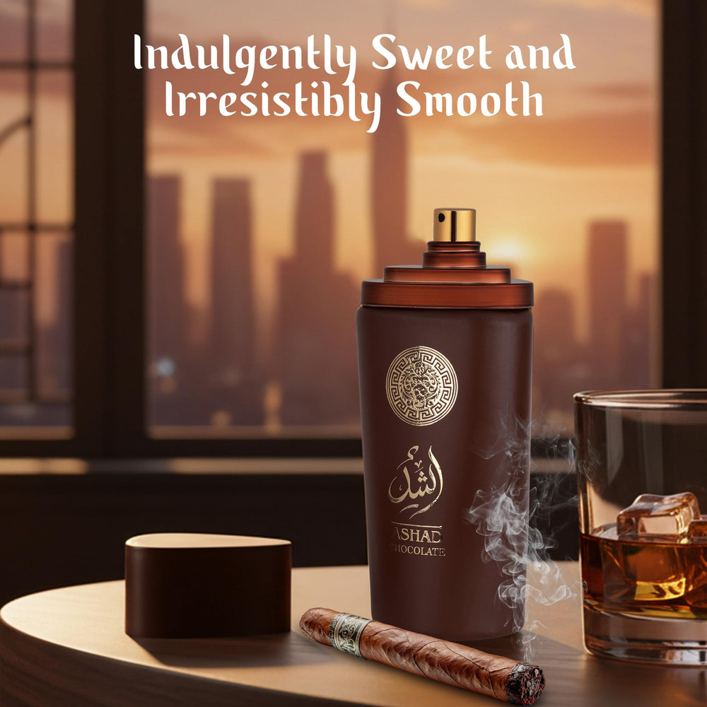 SAADAH Ashad Chocolate, ámbar y vetiver, fondo profundo y elegante.