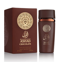 SAADAH Ashad Chocolate, botella frontal, presencia elegante y masculina.