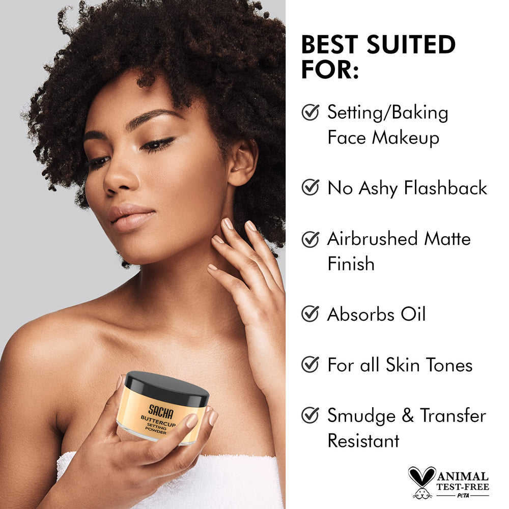 Sacha Buttercup Poudre estompe-pores pour un teint lisse.
