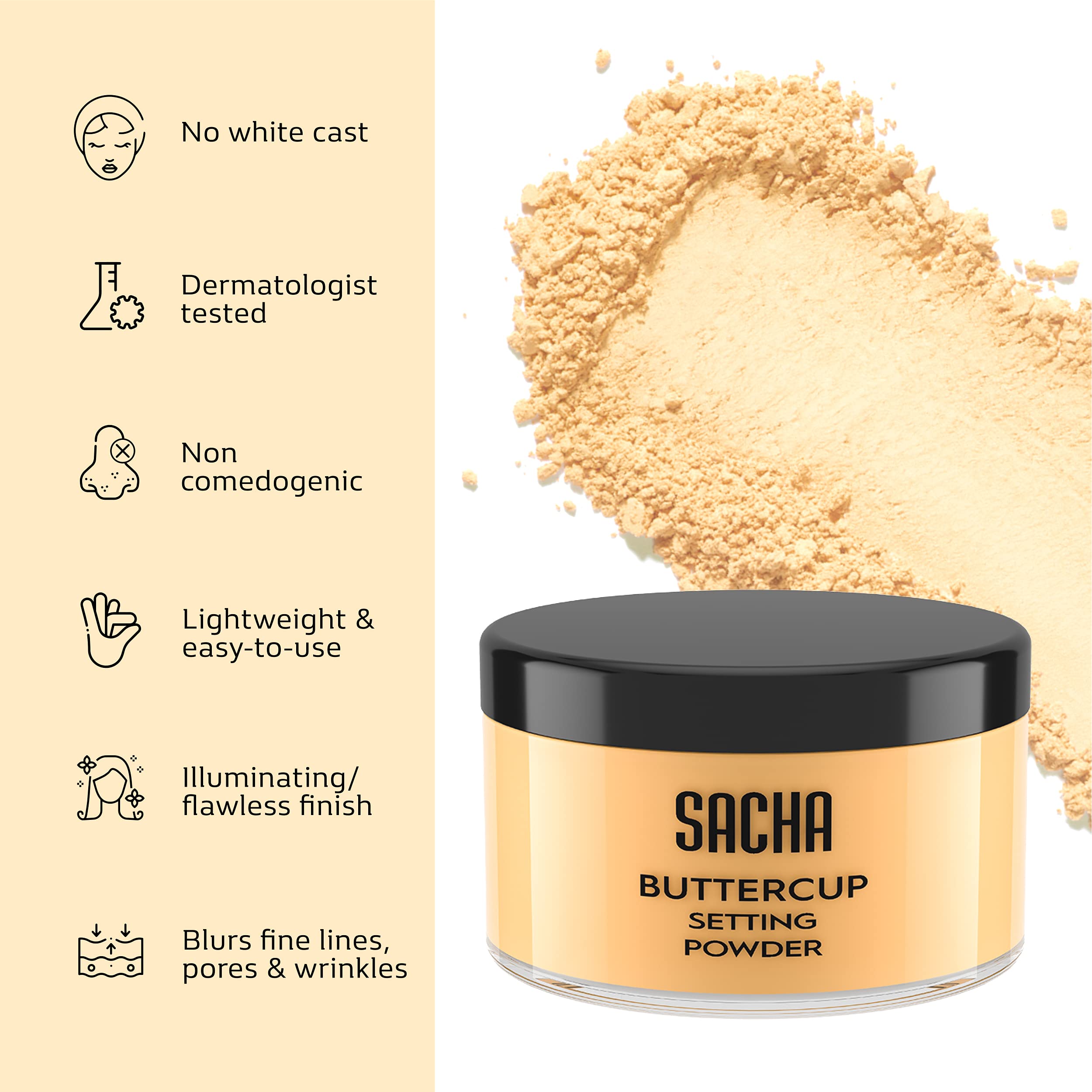 Sacha Buttercup Poudre usage quotidien pour fixer le maquillage.