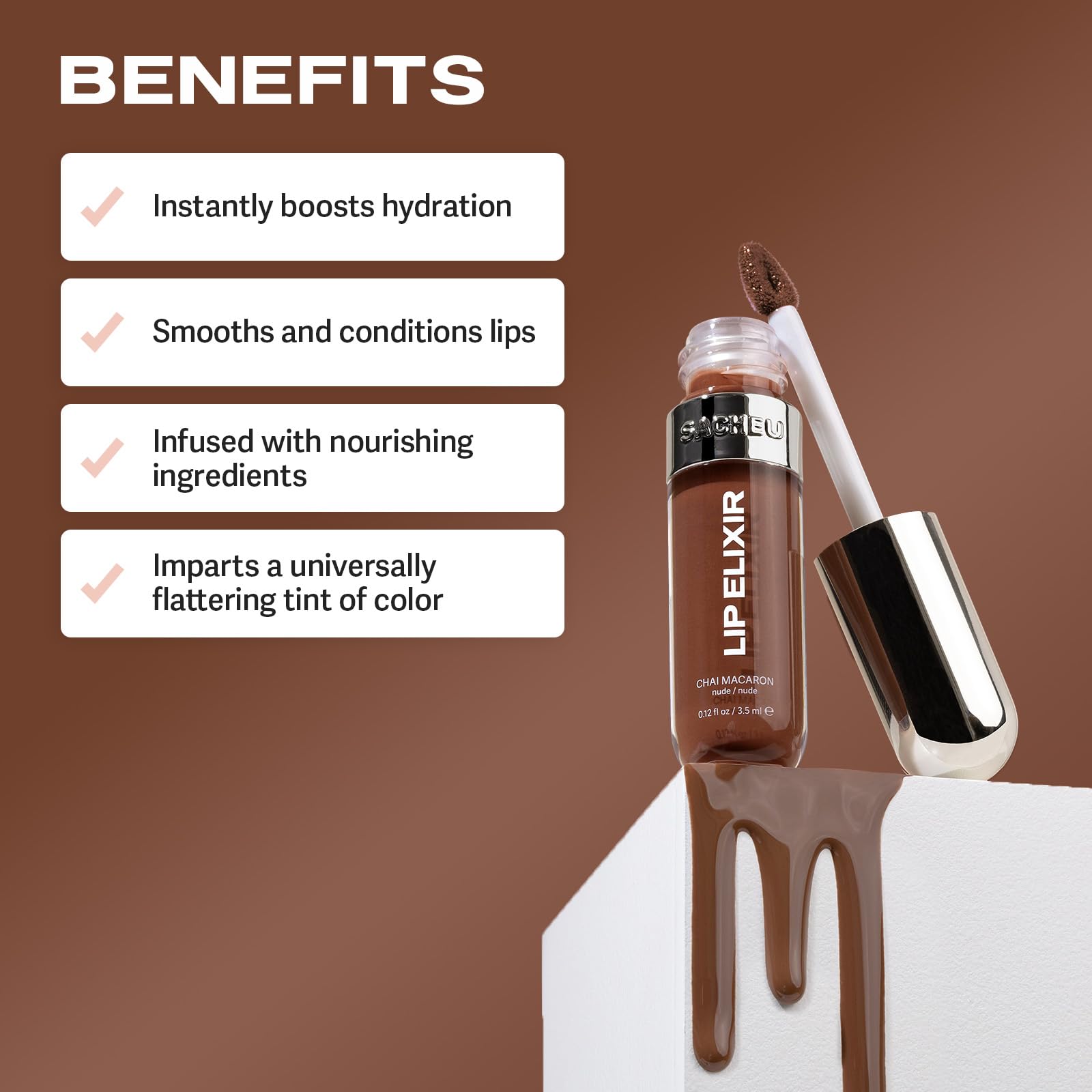 Sacheu Lip Elixir aporta nutrición a los labios con textura cremosa.