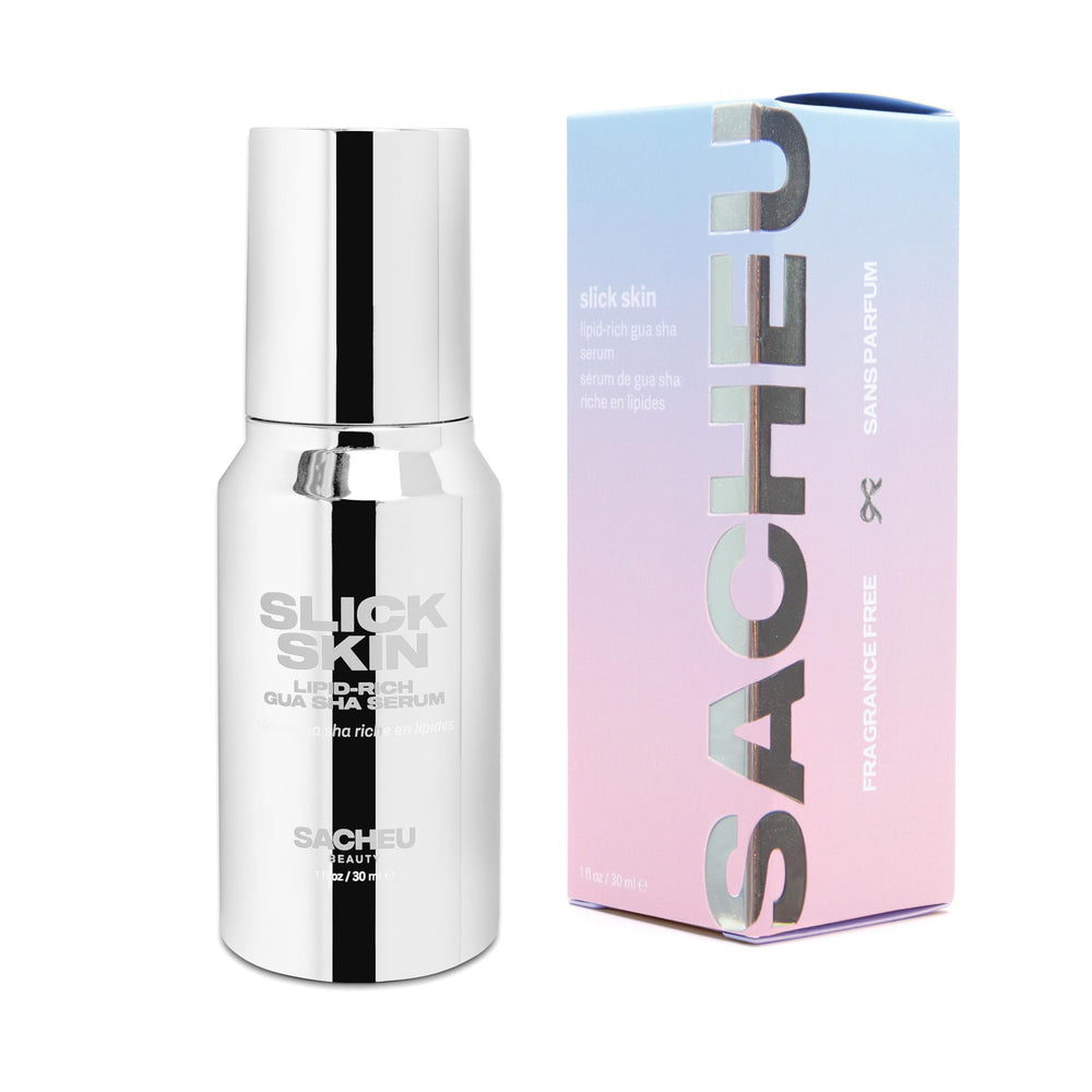 Sacheu Slick Skin: botella de 30 ml lista para masajes con gua sha.