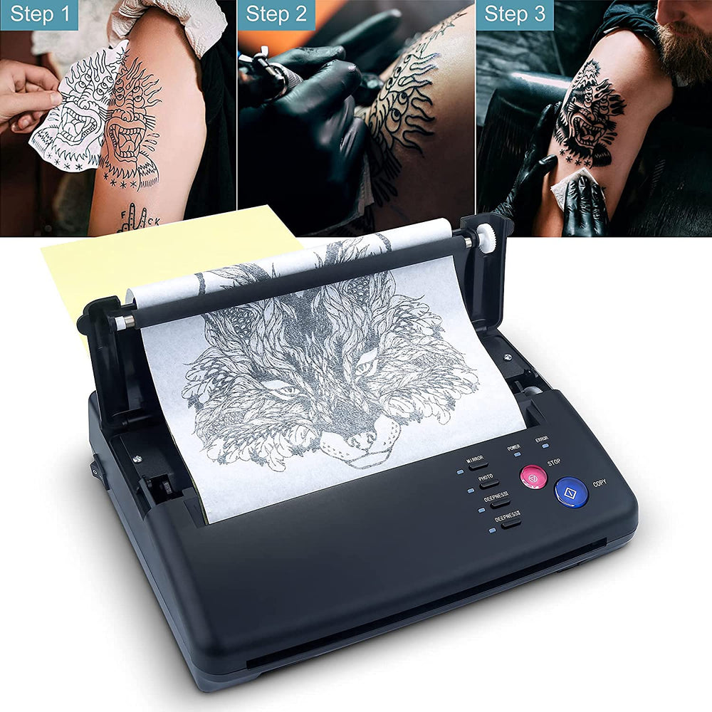 Sacnahe copiadora de tatuaje muestra prueba de diseño con transferencia suave.
