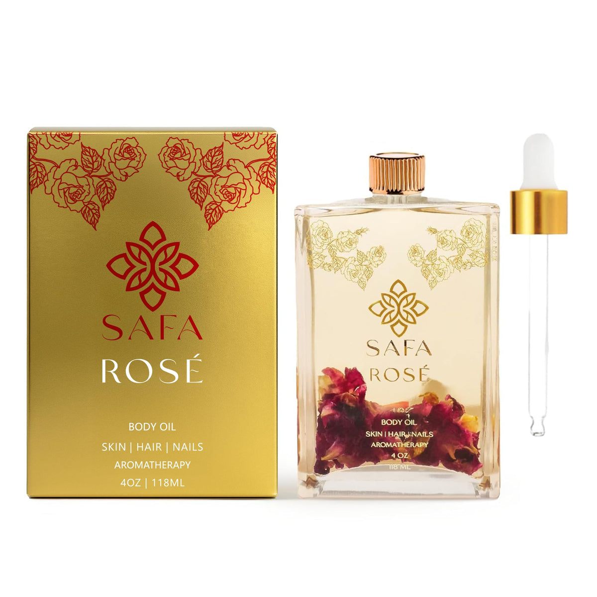 SAFA Rosé Aceite, botella frente, ofrece hidratación suave para la piel.