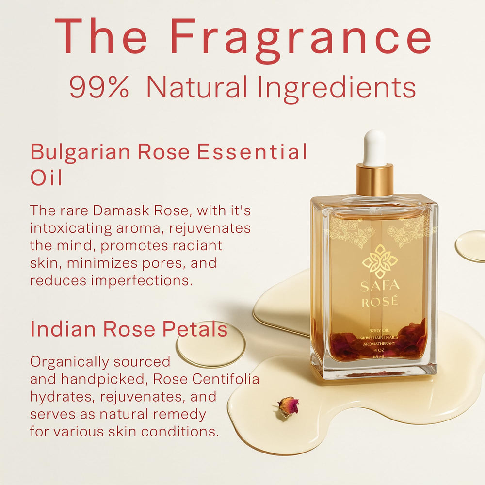 SAFA Rosé Aceite, etiqueta detallada, revela ingredientes nutritivos para la piel.