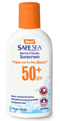 Safe Sea botella SPF50, protección duradera para la playa.